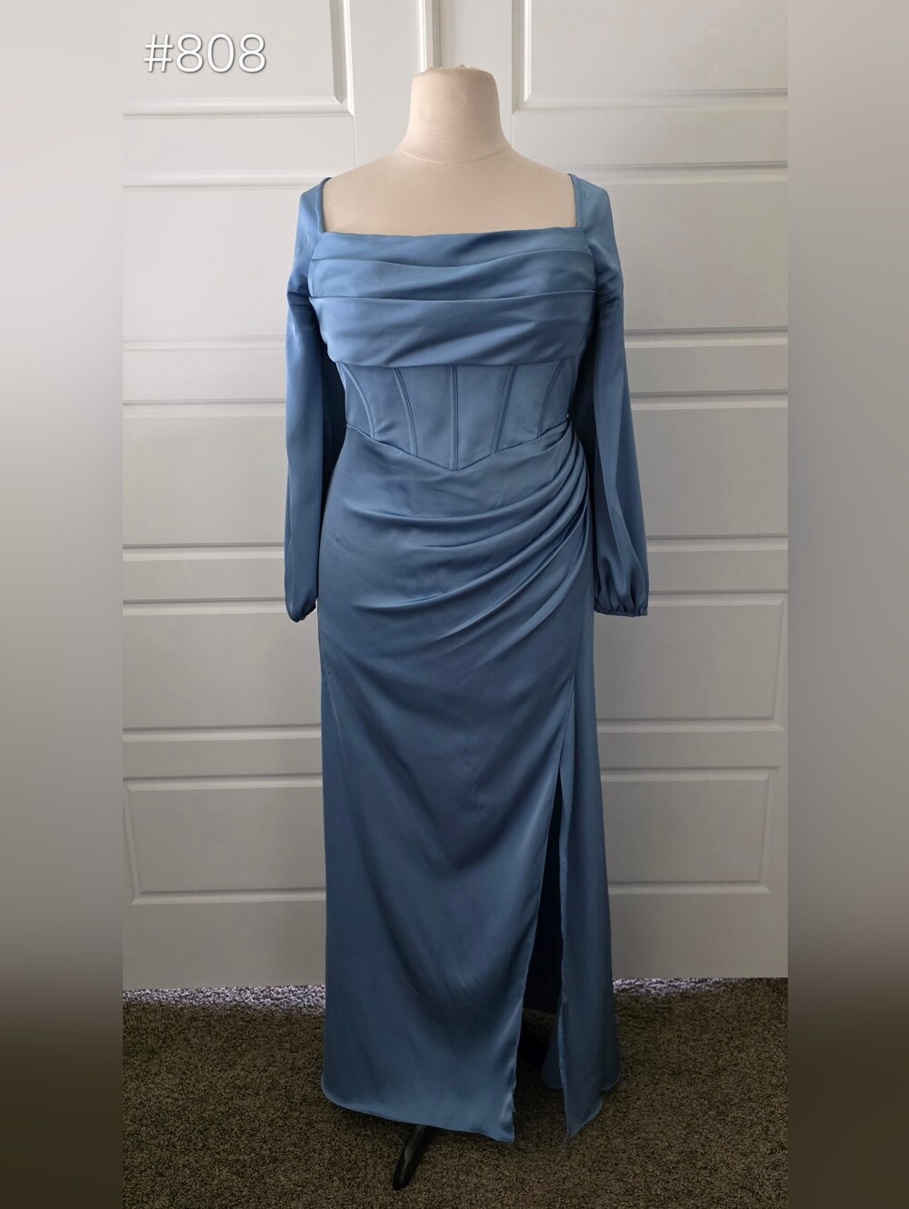 Azazie Blue Satin Long Sleeve Corset Basque Prom Dress